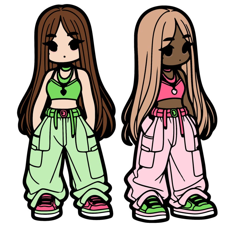 girl in baggy pants crop top and long hair