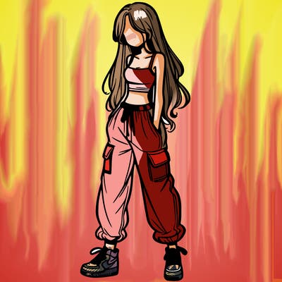girl in baggy pants crop top and long hair