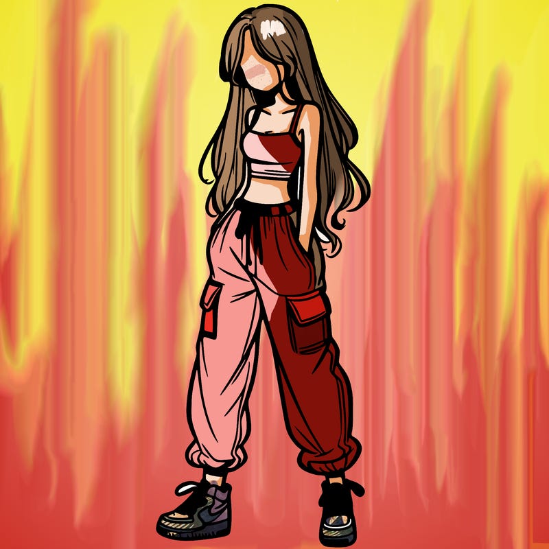 girl in baggy pants crop top and long hair