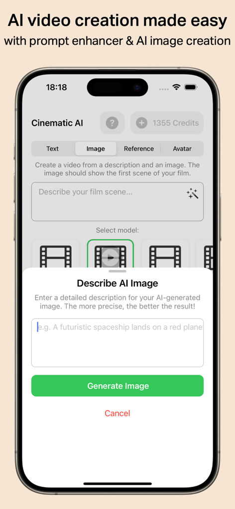 Cinematic AI: Create AI Videos - Cinematic AI app interface showing a prompt box to describe and generate an AI image for video creation.