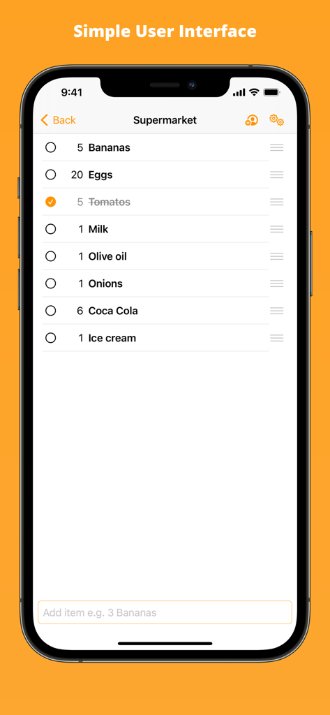 Simple user interface of the Smart Shopping List app showing a grocery checklist
