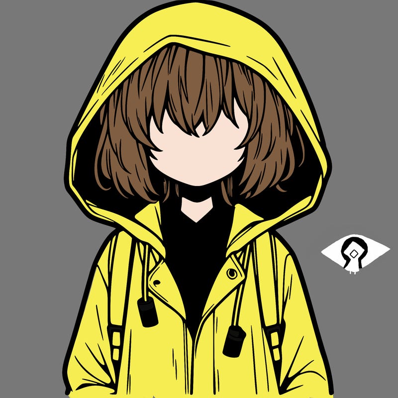 little anime girl in a raincoat her hair is covering her eyes she has a lighter