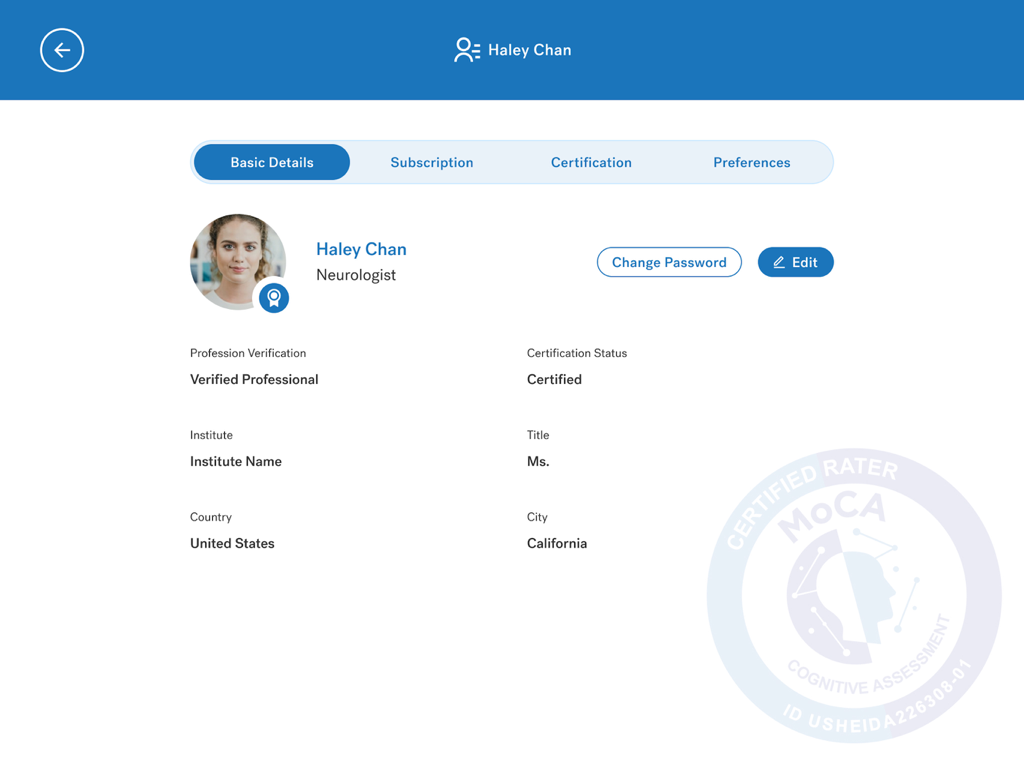 MoCA Duo - Profile view of a certified neurologist in the MoCA Duo medical app showing professional verification and account details.