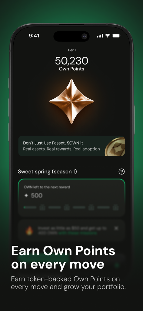 Fasset: Global Digital Bank - Fasset App-Oberfläche, die das "Own Points"-Belohnungssystem für digitale Bankgeschäfte und Investitionen zeigt