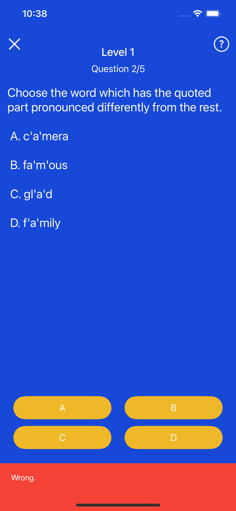 Duo ABC - Duo ABC 10th grade English pronunciation quiz showing a multiple choice question and a wrong answer feedback message