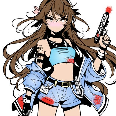 bad girl wearing crop top holding a gun long hair anime
