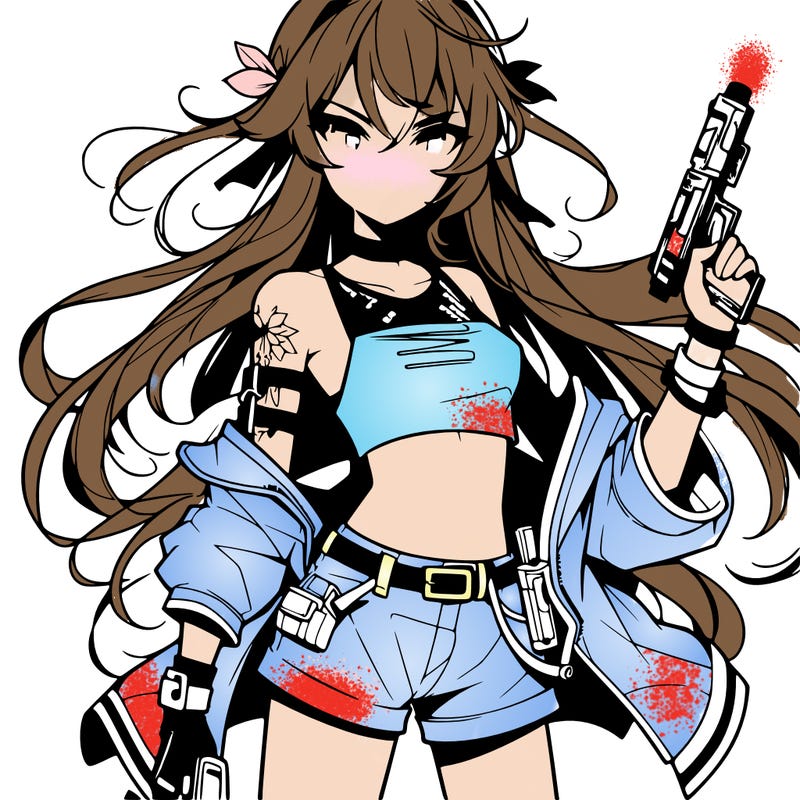 bad girl wearing crop top holding a gun long hair anime