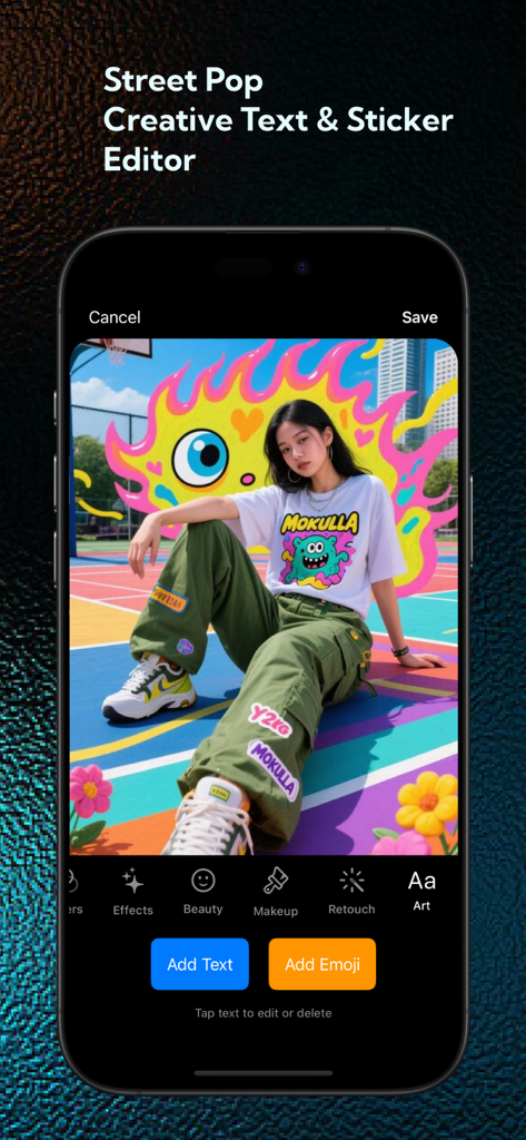 AI Photos Editor+ - AI Photos Editor app interface featuring street pop stickers and creative text editing tools on a lifestyle photo
