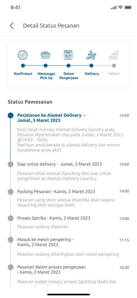 JDM Cleaning - Interface of the JDM Cleaning app showing real-time order status tracking with a progress bar and detailed timeline.