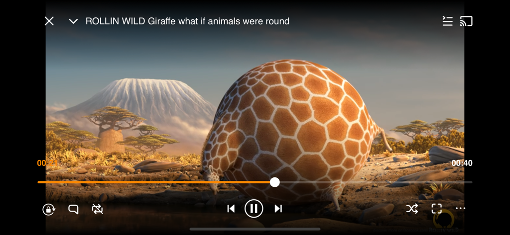 Interface of VLC media player on iOS showing a video of a round giraffe with playback and navigation controls