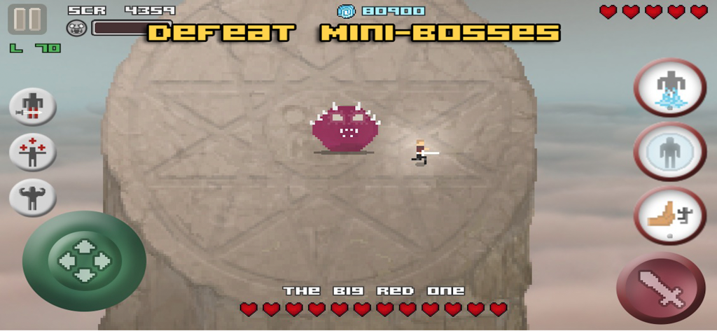 Only One - Only Oneゲームの石の柱の上で、ピクセルアートのヒーローが大きな紫色のミニボスと戦っている様子