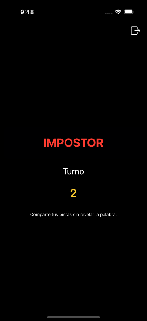 Impostor: Juega com amigos - Mobile screen of Impostor game showing the assigned role and current turn number on a black background