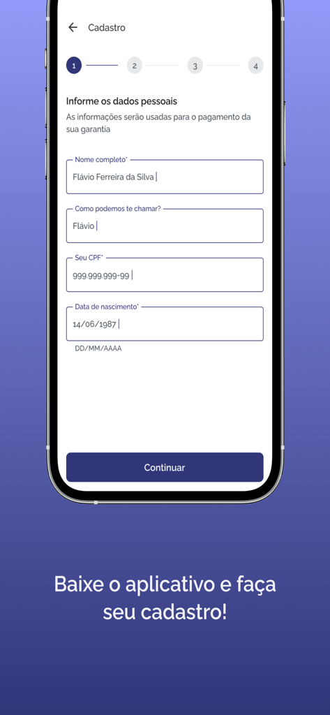 Registration screen of the FGC app showing fields for personal name CPF and date of birth
