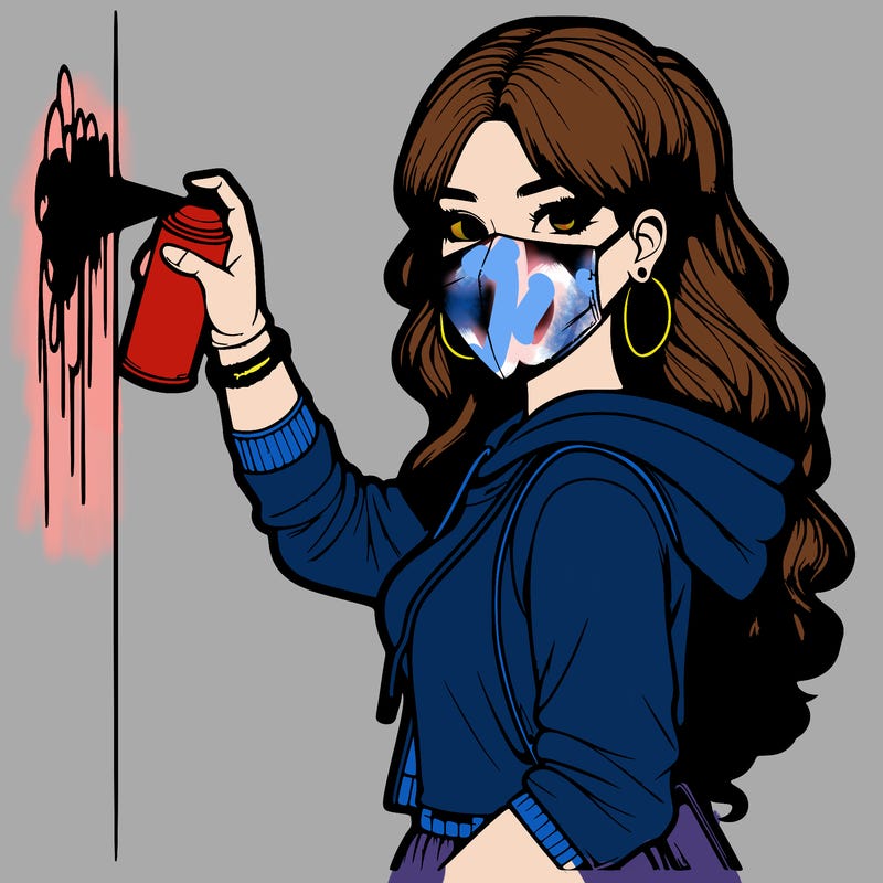 realistic girl with mask spray painting a wall