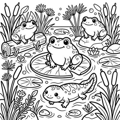 Explore the adorable world of ancient amphibians with this charming kawaii coloring page. Featuring cute frogs and a friendly salamander, it's a delightful scene from a prehistoric pond ready for your creative touch.