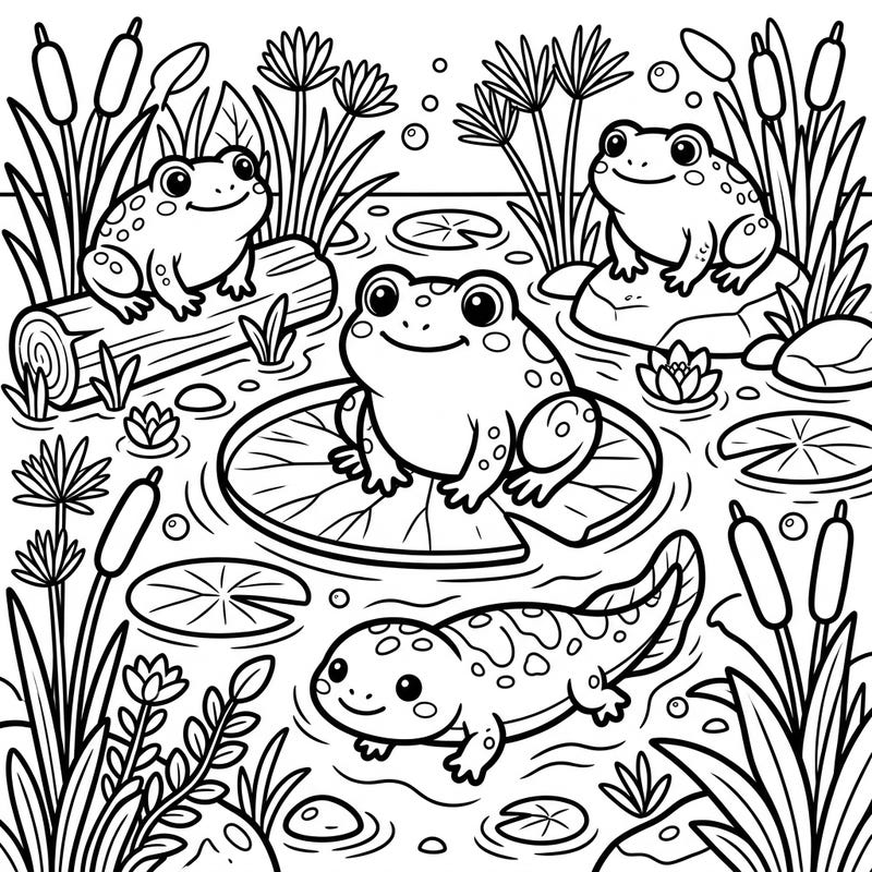 Explore the adorable world of ancient amphibians with this charming kawaii coloring page. Featuring cute frogs and a friendly salamander, it's a delightful scene from a prehistoric pond ready for your creative touch.