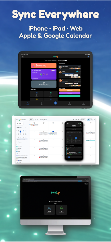 PointUp: Kids Chore Tracker - Interfaz de la aplicación PointUp de seguimiento de tareas para niños sincronizada en dispositivos móviles iPad y web con soporte de calendario