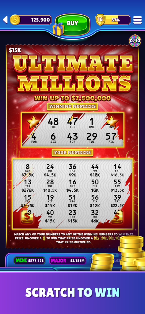 Jackpot Scratchers mobile app interface showing Ultimate Millions lottery ticket