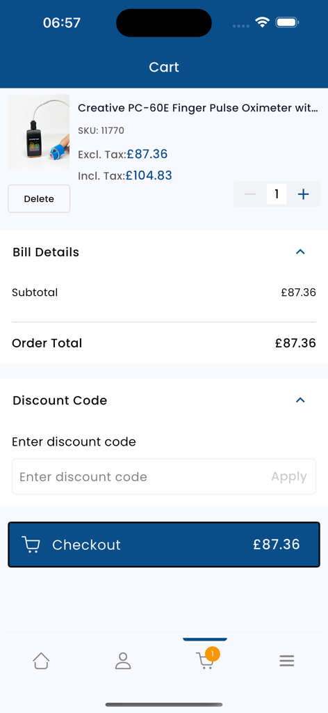 AHP Medicals - AHP Medicals app shopping cart page showing a finger pulse oximeter and the checkout total
