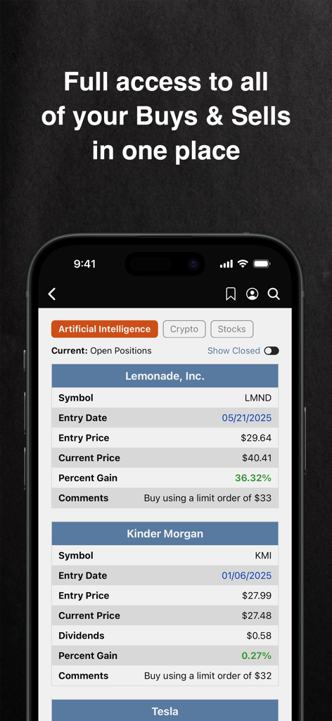 Paradigm Press - Screenshot der Paradigm Press App, der detaillierte Anlageportfoliopositionen für Lemonade Inc und Kinder Morgan anzeigt.