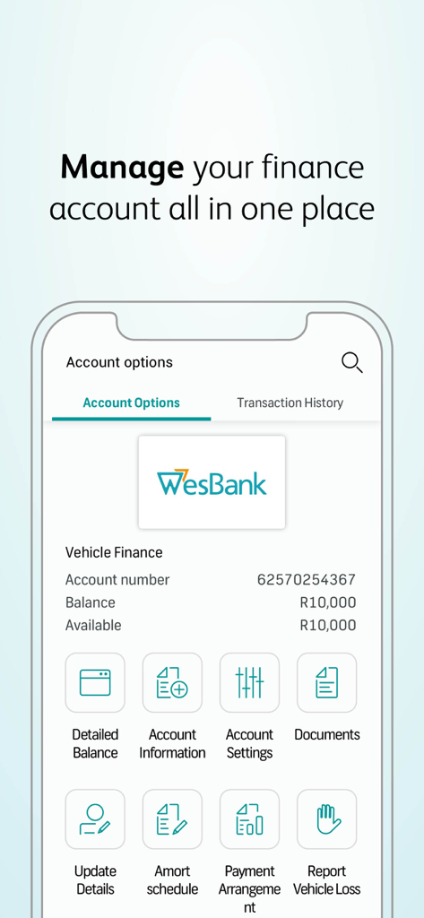 WesBank mobile app dashboard for managing vehicle finance account details and payments.