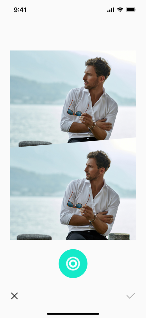 Side-by-side comparison of a man before and after using the head resizing and neck stretching feature in the Spring app.