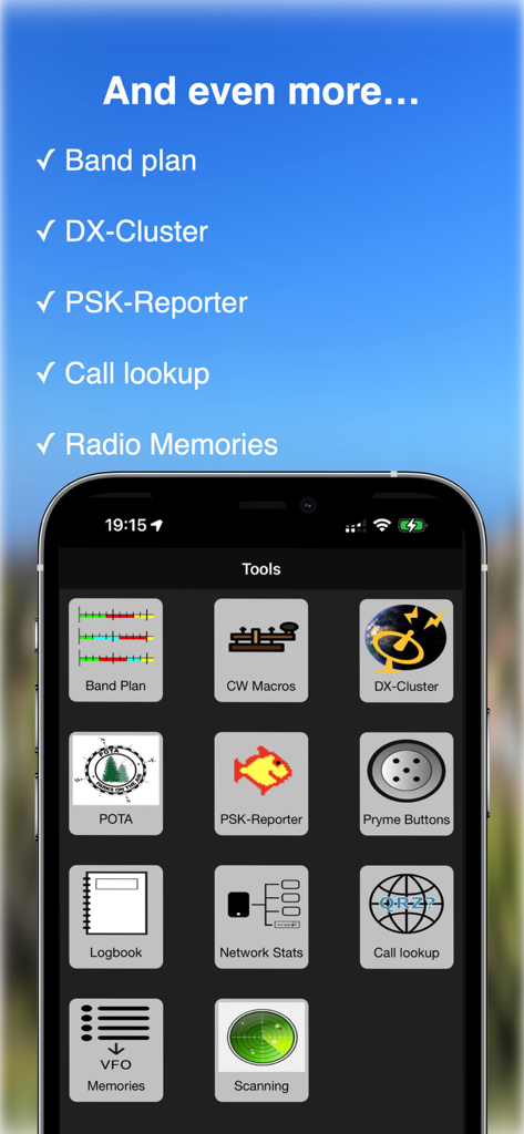 SDR-Control Mobile - SDR-Control Mobile app showing a grid of tools for amateur radio including Band Plan, DX-Cluster, and Logbook.