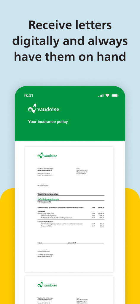 ePost App - Interface do aplicativo ePost mostrando uma apólice de seguro digital em um smartphone