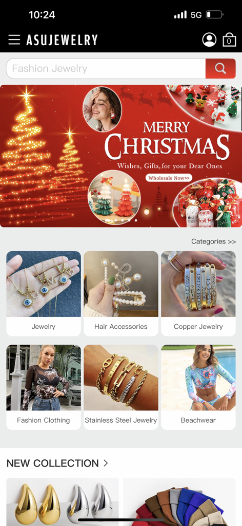 Asujewelry-wholesalejewelry - Home screen of the AsuJewelry app featuring wholesale jewelry categories and a Christmas promotion banner.