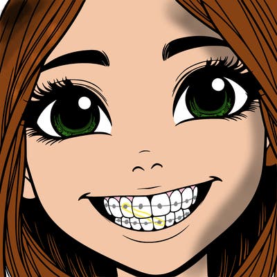 girl who’s smiling with her teeth showing and her eyes open and only showing her face realistic