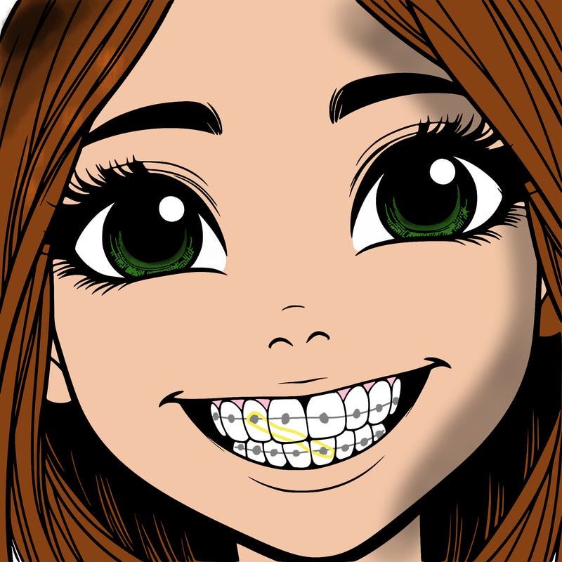 girl who’s smiling with her teeth showing and her eyes open and only showing her face realistic