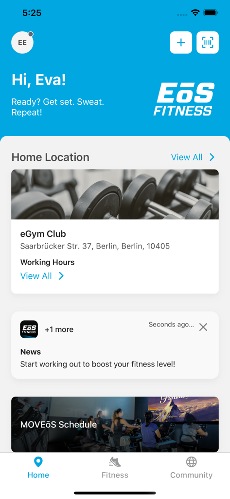 Home screen of EoS Fitness app showing gym location and class schedules