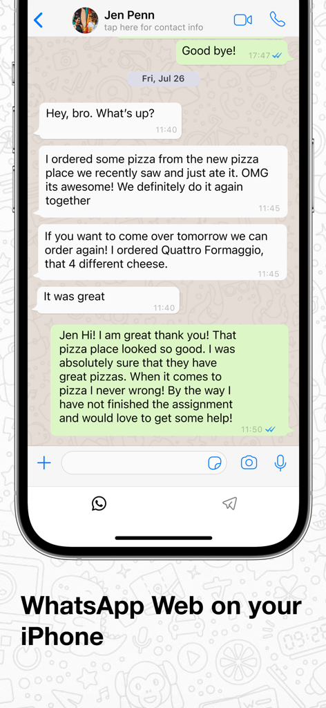 iPhone screen showing a WhatsApp chat interface through the Messenger Web app