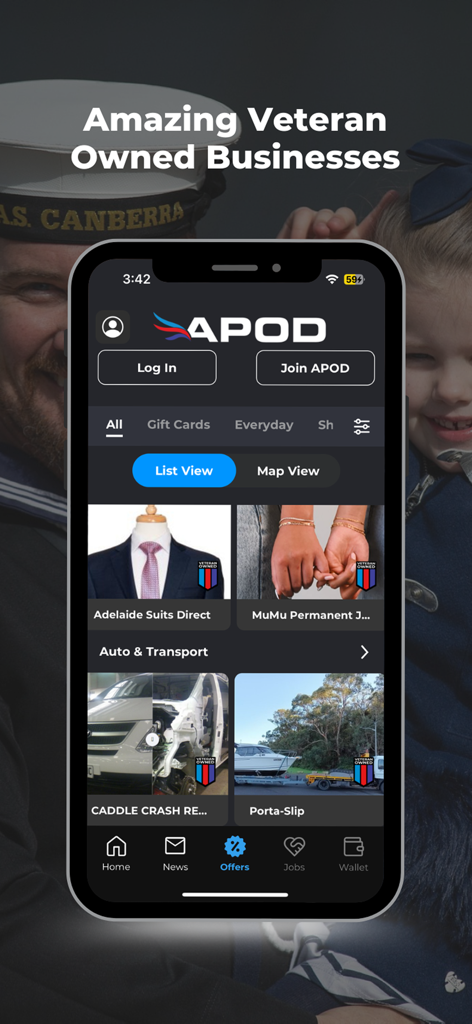 APOD - APODモバイルアプリの画面、オファーとカテゴリのある退役軍人経営企業のリストを表示