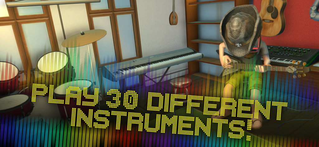 Un personaje tocando la guitarra eléctrica en un estudio lleno de varios instrumentos musicales