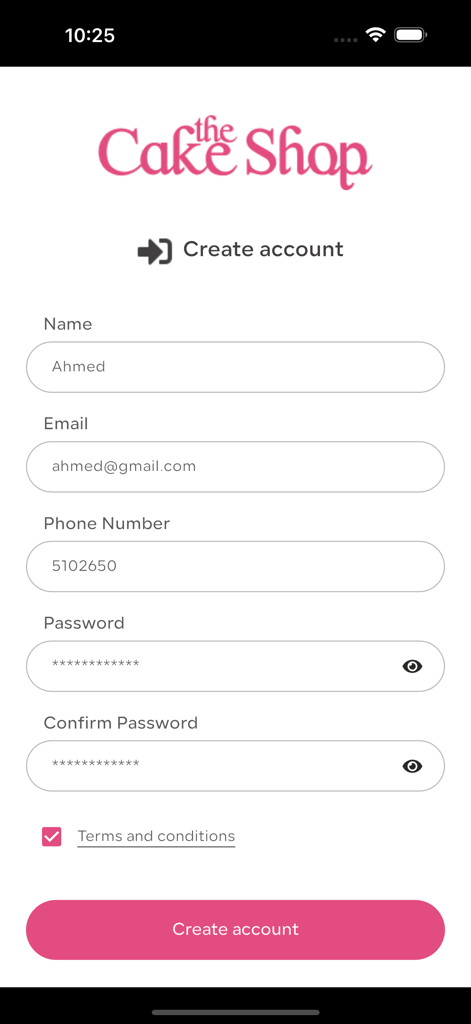 User registration screen for The Cake Shop app with fields for name email and phone number