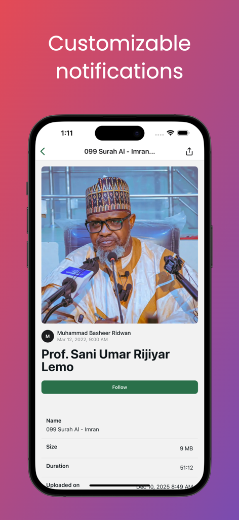 Screenshot of Darulfikr Pro app displaying an Islamic lecture page for Prof Sani Umar Rijiyar Lemo including audio details and a follow button