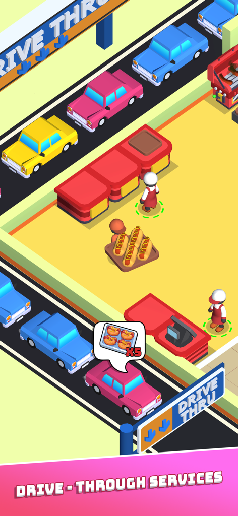 A top-down view of a drive-thru lane with colorful cars waiting for food at a hot dog restaurant in Hotdog Bitte Idle Tycoon