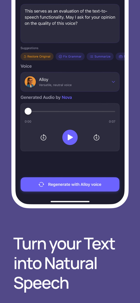 Turn Text to Voice - Voicify - Voicify app interface showing the conversion of text into natural-sounding AI speech with voice options and playback controls