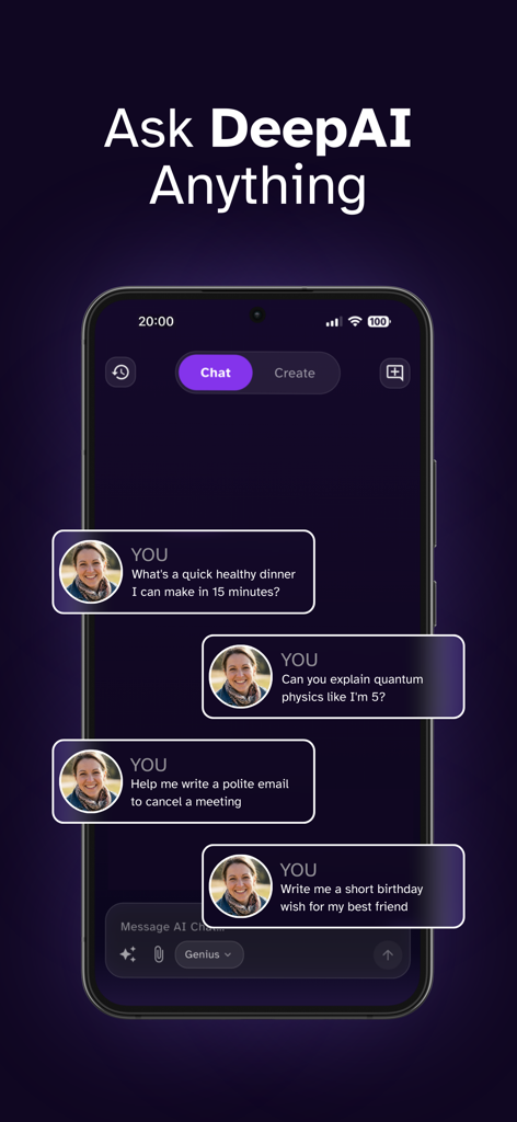 DeepAI: AI Chat, Image & Video - Smartphone screen showing the DeepAI chat interface with various text prompts for productivity and creative tasks