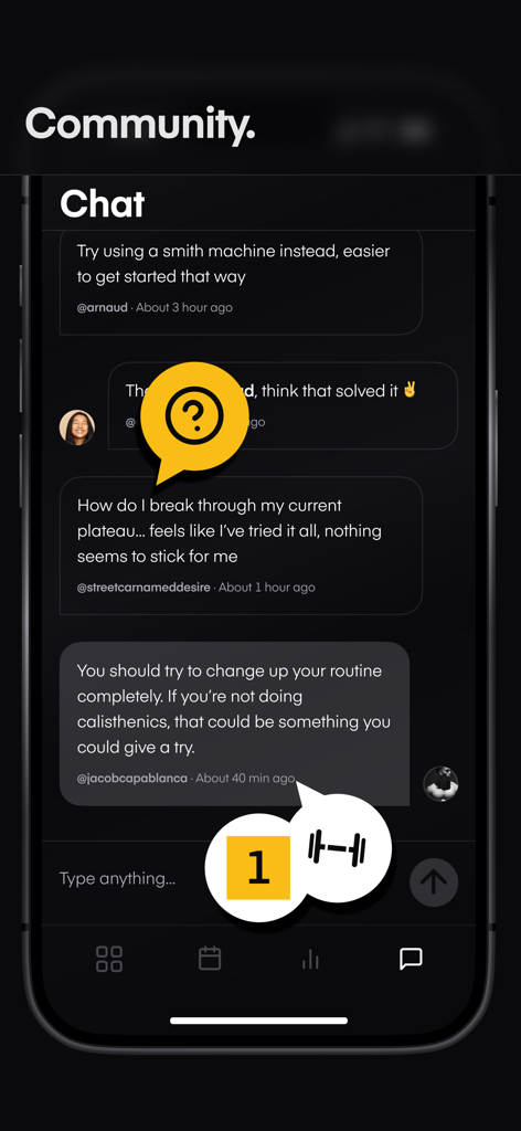 Dropset: Gym tracker - Screenshot of the Dropset app community chat interface showing users discussing gym routines and strength training advice.
