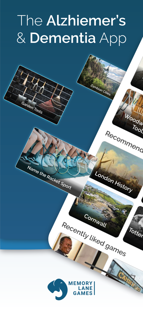 Memory Lane Games - Interface of the Memory Lane Games app showing trivia categories like Garden Tools and London History designed for dementia care