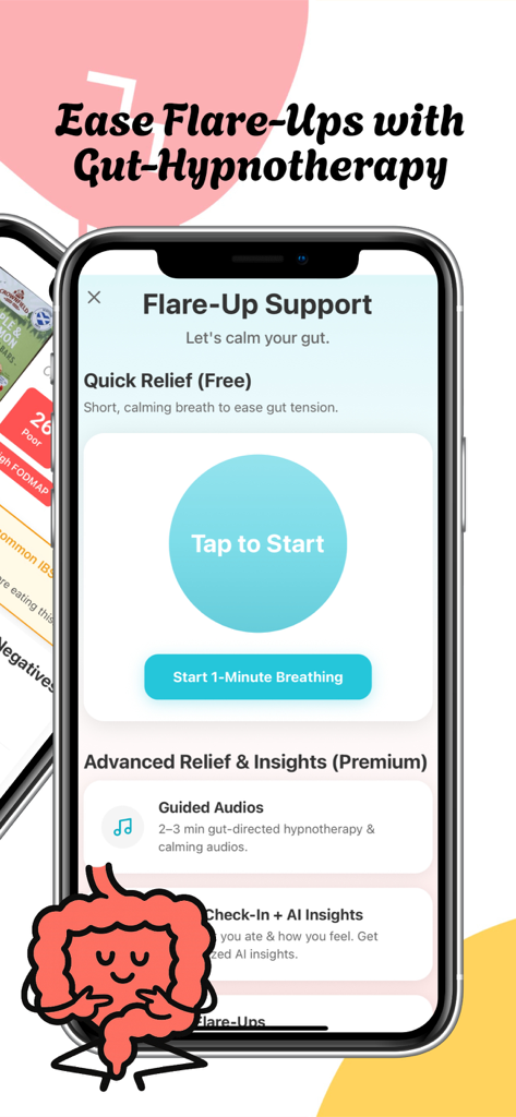 IBS Pal - Interfaz de soporte para brotes de la aplicación IBS Pal con hipnoterapia intestinal y ejercicios de respiración