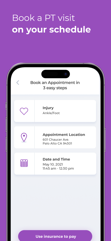 Luna Physical Therapy app interface showing three easy steps to book an in-home appointment