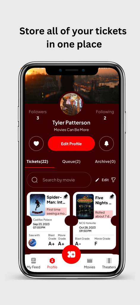 Blast Movie App - Profil utilisateur dans l'application Blast Movie montrant une collection personnalisée de billets de film virtuels et d'évaluations de films.