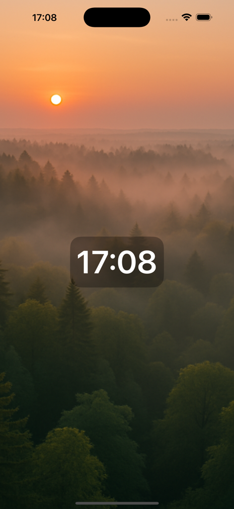 Lava Clock - Reloj digital que muestra la hora sobre un paisaje de bosque neblinoso al atardecer