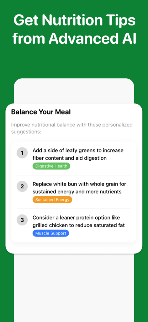 AI Food Scanner - NutriScan - NutriScanアプリのインターフェイスに、食事のバランスを取るためのパーソナライズされたAI栄養のヒントが表示される