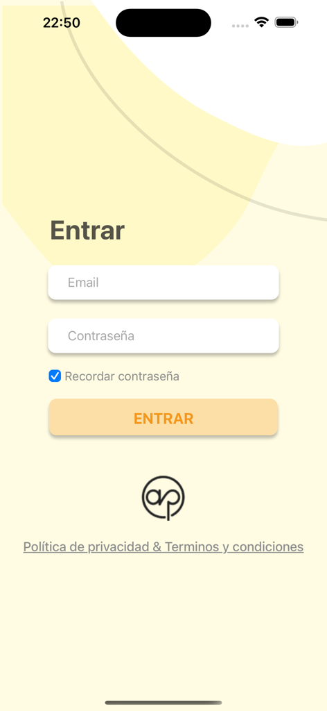 Ap nutricion inteligente - Pantalla de inicio de sesión para la aplicación Ap nutricion inteligente con campos de correo electrónico y contraseña