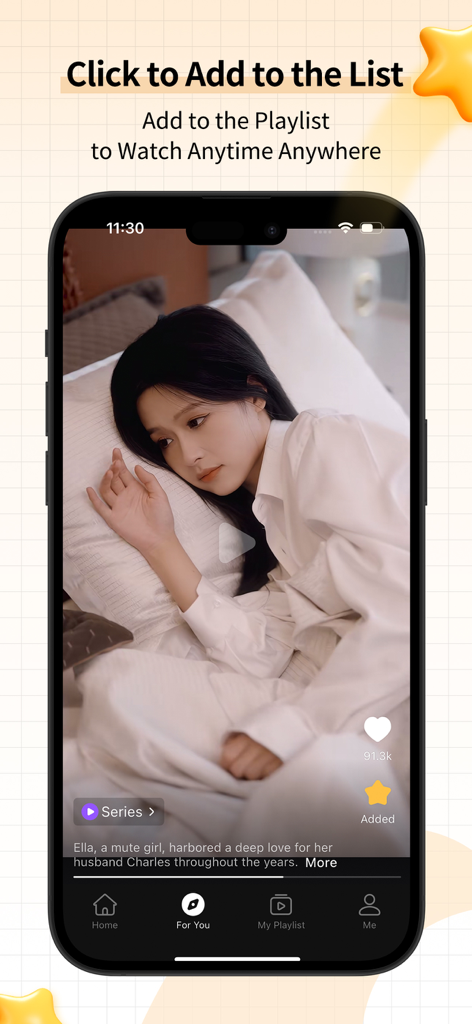 Interfaccia dell'app BestReels che mostra un video di dramma breve con l'opzione di aggiungerlo a una playlist personale