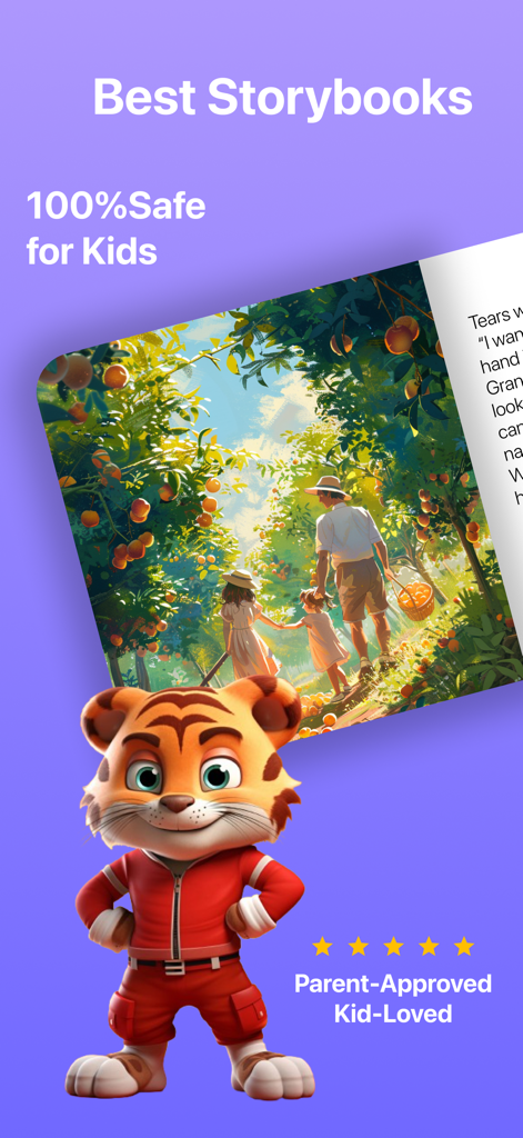 StoryTime Kids: AI Storybook - Promotional screen for StoryTime Kids app showing a friendly tiger mascot and a safe storybook illustration for children